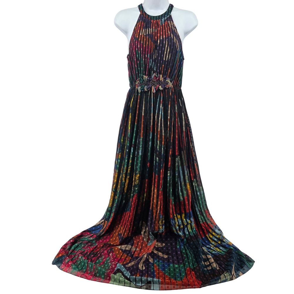 Geisha Designs Anthropologie Kalinka Maxi Dress Multicolor Halter Embellished 2